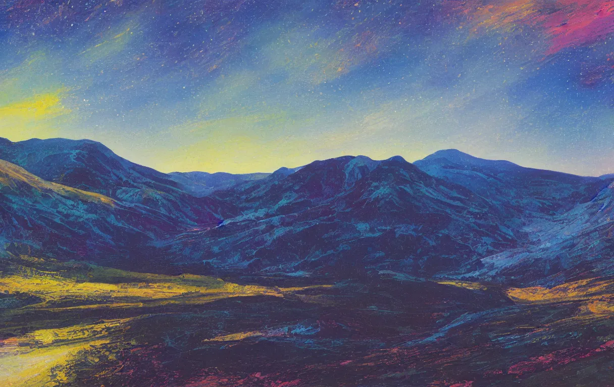 Prompt: Realist colorful impasto painting of the Salmon River mountain valley at midnight by John Harris, stars in the inky sky reflect on the dark blue river surface, 4k scan, oil on canvas, visible brushstrokes