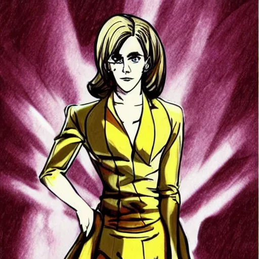 Image similar to Emma Watson drawn in Jojo's Bizarre Adventure, doing a jojo pose