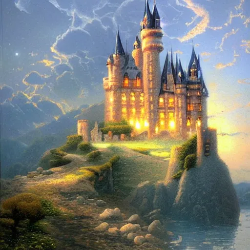 Prompt: a big castle in the middle of a desert by thomas kinkade