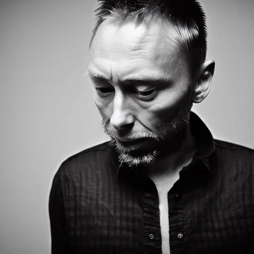 Prompt: Thom Yorke singer songwriter shaved, a photo by Colin Greenwood, ultrafine detail, chiaroscuro, private press, associated press photo, angelic photograph, masterpiece