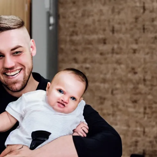 Prompt: a photo of a white man with a mid fade haircut that is happy with his 3 month year old baby boy.