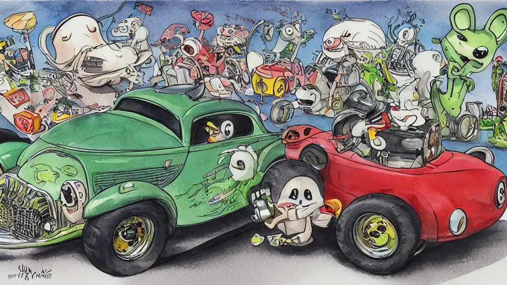 Image similar to cute and funny, racoon riding in a tiny hot rod coupe with oversized engine, ratfink style by ed roth, centered award winning watercolor pen illustration, by james nyika, edited by range murata