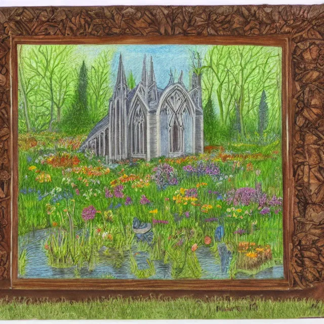 Prompt: abandoned gothic church in a forest flower meadow with a pond landscape, colored pencil drawing