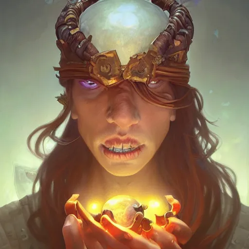 Image similar to a mind - blowing portrait of rayman wearing a human skull, deep focus, d & d, fantasy, intricate, elegant, highly detailed, digital painting, artstation, concept art, matte, sharp, illustration, hearthstone, art by artgerm and greg rutkowski and alphonse mucha