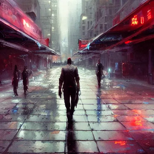 Prompt: sidewalk of a cyberpunk city, painted by raymond swanland, painted by greg rutkowski, painted by jeremy mann, painted by igor kieryluk, trending on artstation