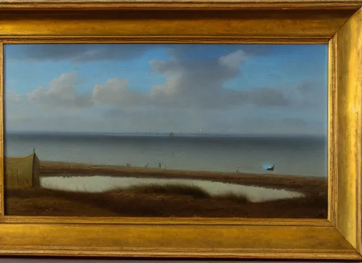 Prompt: texel with the waddenzee in the background, the netherlands in the style of hudson river school of art, oil on canvas