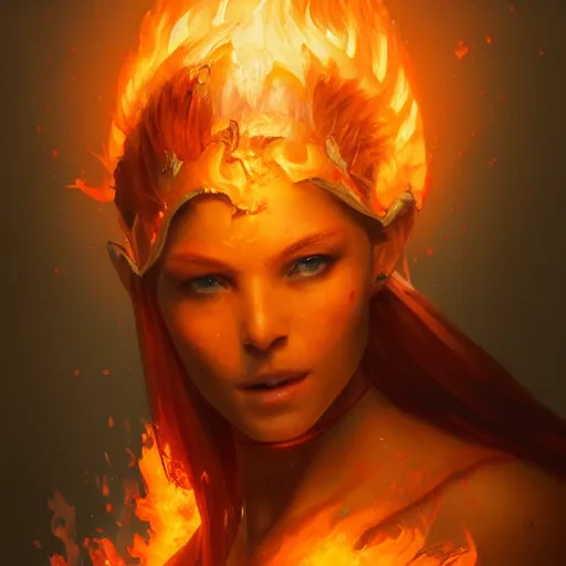 Image similar to a beautiful portrait of a fire goddess, flaming background, a detailed painting by greg rutkowski and raymond swanland, featured on cgsociety, fantasy art, detailed painting, artstation hd, photorealistic