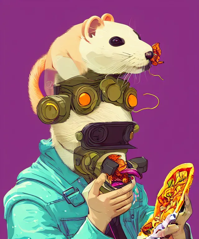 Prompt: a portrait of an anthropomorphic cyberpunk ferret eating a taco, cyberpunk!, fantasy, elegant, digital painting, artstation, concept art, matte, sharp focus, illustration, art by josan gonzalez