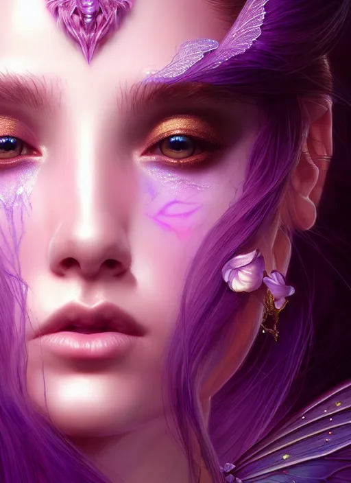 Image similar to portrait of fairy, fantasy, rule of thirds, intricate, ultra violet highlights, octane render, detailed, beautiful, unreal engine, symmetrical!!, loreal, maybelline, sephora, loreal, artstation, art by karol bak, art by artgerm, rossdraws, cinematic, concept art, filmic, vsco
