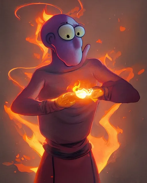 Image similar to squidward with [ [ [ [ [ [ four legs ] ] ] ] ] ] wearing fire nation clothing and practicing firebending outside at susnset, [ greg rutkowski ]