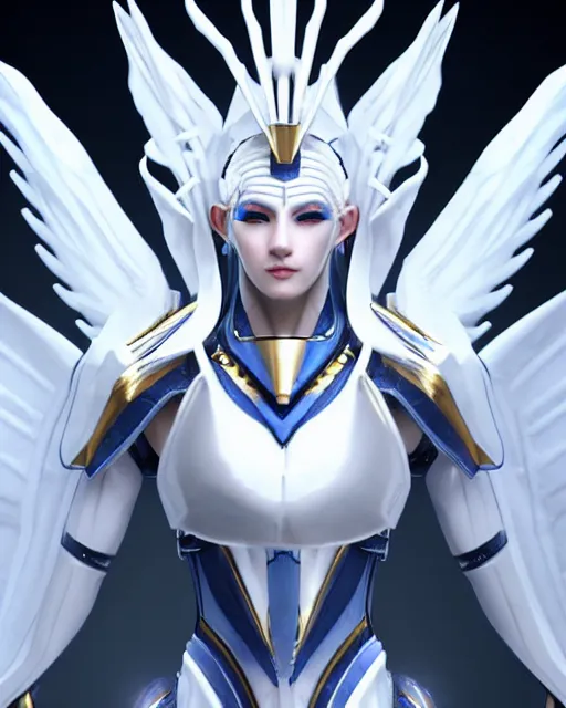 Prompt: perfect white haired attractive alien pharaoh with huge white dove wings, warframe armor, beautiful, symmetric, dreamy, half asian, pretty face, blue eyes, detailed, scifi platform, laboratory, experiment, 4 k, ultra realistic, epic lighting, android body, illuminated, cinematic, masterpiece, art by akihito tsukushi, voidstar