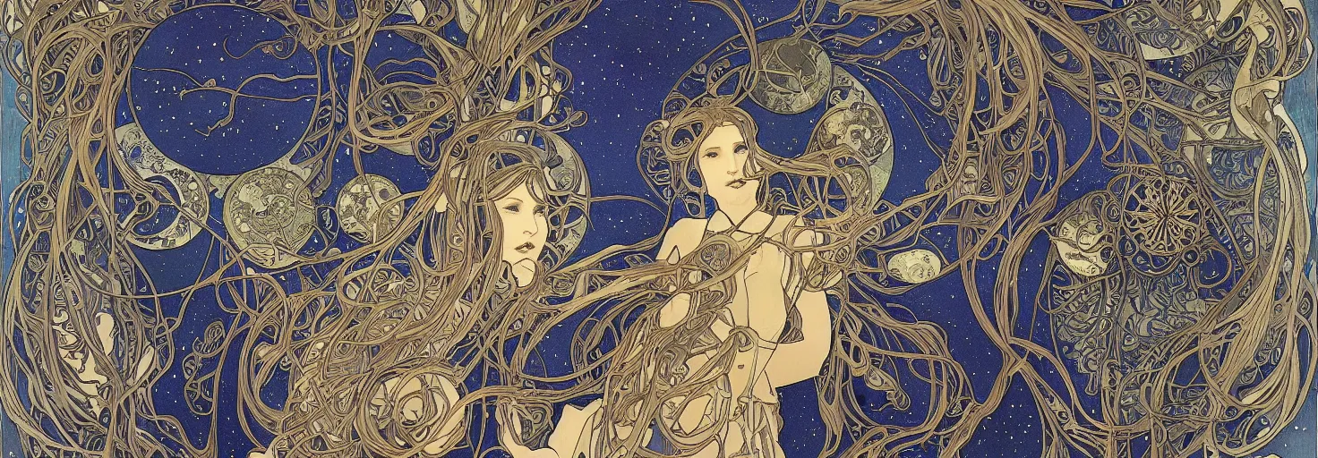 Prompt: the longest night, awardwinning art by sana takeda and alphonse mucha, cloaked dark winter night, astronomical star constellations and watch gears, traditional moon and candle and tattoo, maiden and fool and crone, ultramarine blue and gold, intricate stained glass