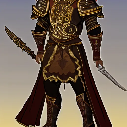 Image similar to character design for a fantasy character named Regulon. Regulon is 32 years old with medium length brown hair and wearing ornate armor. He is a mastermind behind a rebellion