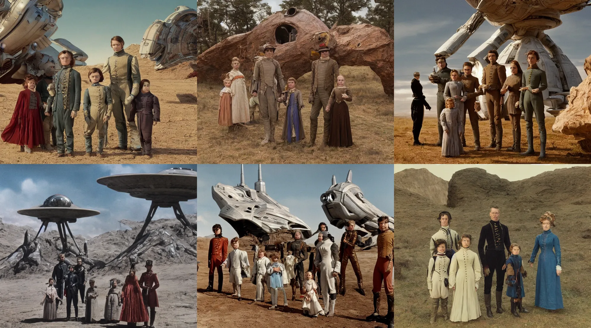 Prompt: sharp, 70mm still from a sci fi blockbuster color movie made in 2022, set in 1860, of a family standing in front of a spaceship that has just landed on an alien landscape, a humanoid alien creature stands nearby, the family are all wearing 1850s era clothes, 4k, in focus, extremely good quality lighting, good quality photography, A list cast, famous actors, famous actresses, oscar winner