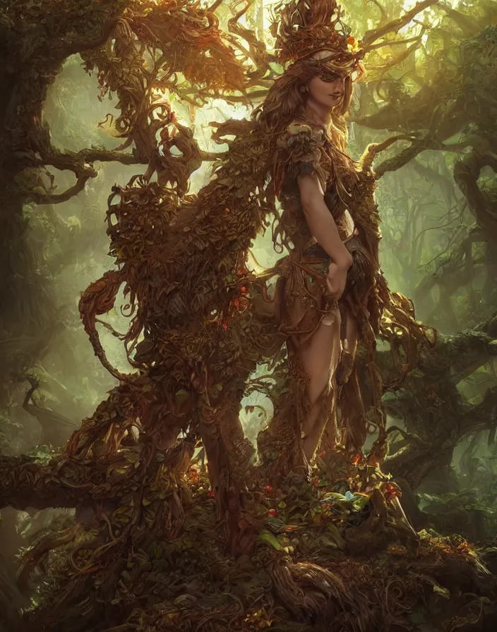 Image similar to a woman tree druid with leaf themed clothing, fully clothed, D&D, fantasy, intricate, cinematic lighting, highly detailed, digital painting, artstation, concept art, smooth, sharp focus, illustration, art by Justin Gerard