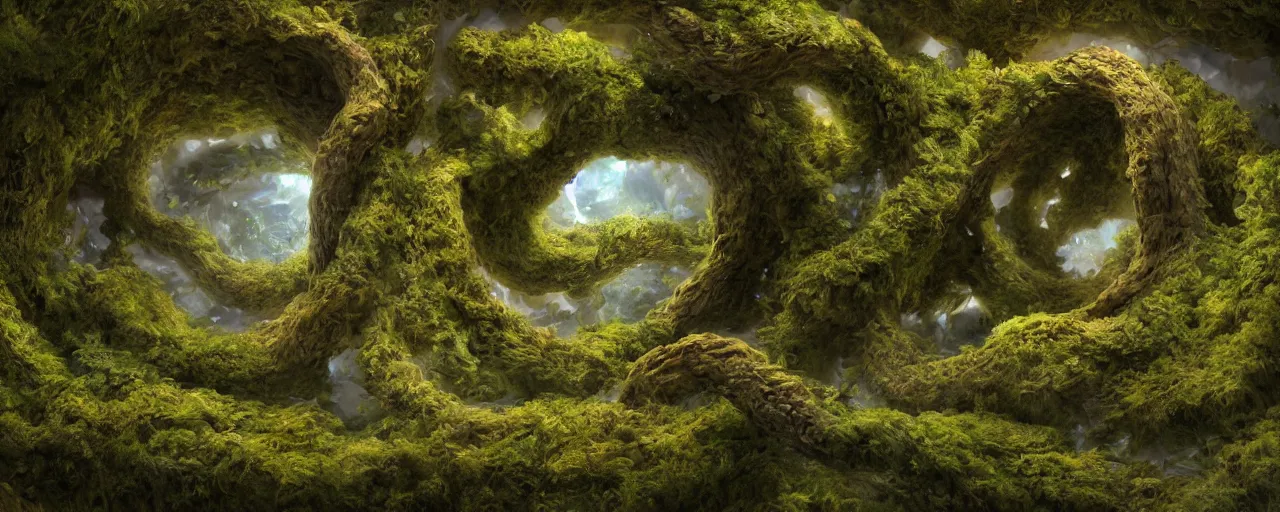 Image similar to moss in a vat of solipsistic unfurling in the lemniscate essence of principal universal temporal nest designed by Hajime Sorayama and frank gehry, Bryce 3d, designed by Larry Elmore Kerlaft, Michael Whelan and Pixar, photorealistic, octane render, studio lighting, 8k, hd