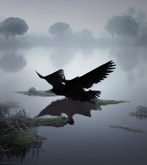 Image similar to three crows in a little boat in a swamp, volumetric lighting, fog, majestic light, octane render, ethereal glare of the sun, hyperrealistic, epic, masterpiece, by greg rutkowski