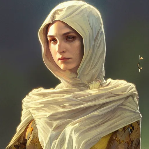 Prompt: portrait, female bene gesserit, bee keeper, d & d, fantasy, intricate, elegant, highly detailed, digital painting, artstation, concept art, matte, sharp focus, illustration, art by artgerm and greg rutkowski and alphonse mucha