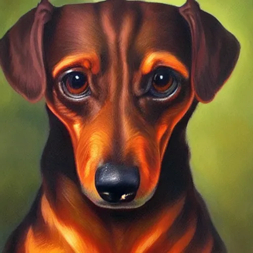 Image similar to Highly detailed portrait of a fire elemental dachshund, painted by Gerald Brom