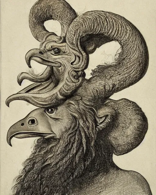 Image similar to a creature with the body and eyes of a man, with the beak of an eagle, the mane of a lion, and the horns of an ox. drawn by francis bacon and da vinci