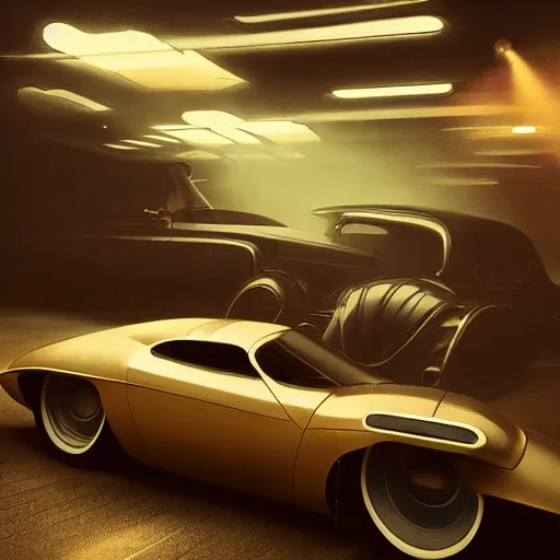 Image similar to retro futuristic vintage cars in showroom, atmospheric lighting, painted, intricate, volumetric lighting, beautiful, daytime, sunny weather, slight overcast, sharp focus, deep colours, ultra detailed, by leesha hannigan, ross tran, thierry doizon, kai carpenter, ignacio fernandez rios