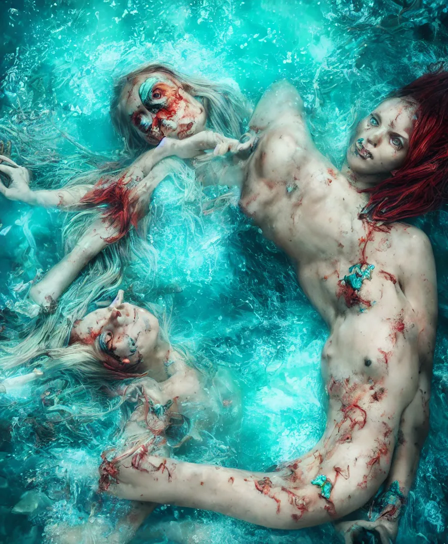 Prompt: beautiful portrait zombie mermaid, underwater, turquoise water, cinematic view, ultra realistic, vibrant colors, detailed, cinematic, photorealism, epic, octane render