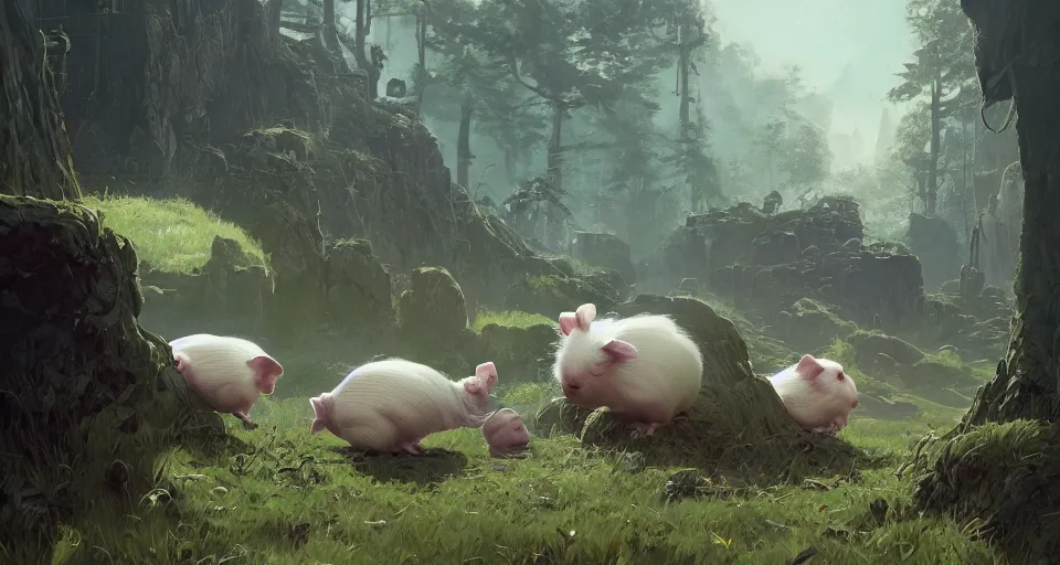 Image similar to a realistic cute guineapigs everywhere, by simon stalenhag, frank frazetta, greg rutkowski, beeple, yoko taro, christian macnevin, beeple, epic fantasy character art, volumetric outdoor lighting, midday, high fantasy, cgsociety, cheerful colours, full length, exquisite detail, post - processing, masterpiece, cinematic