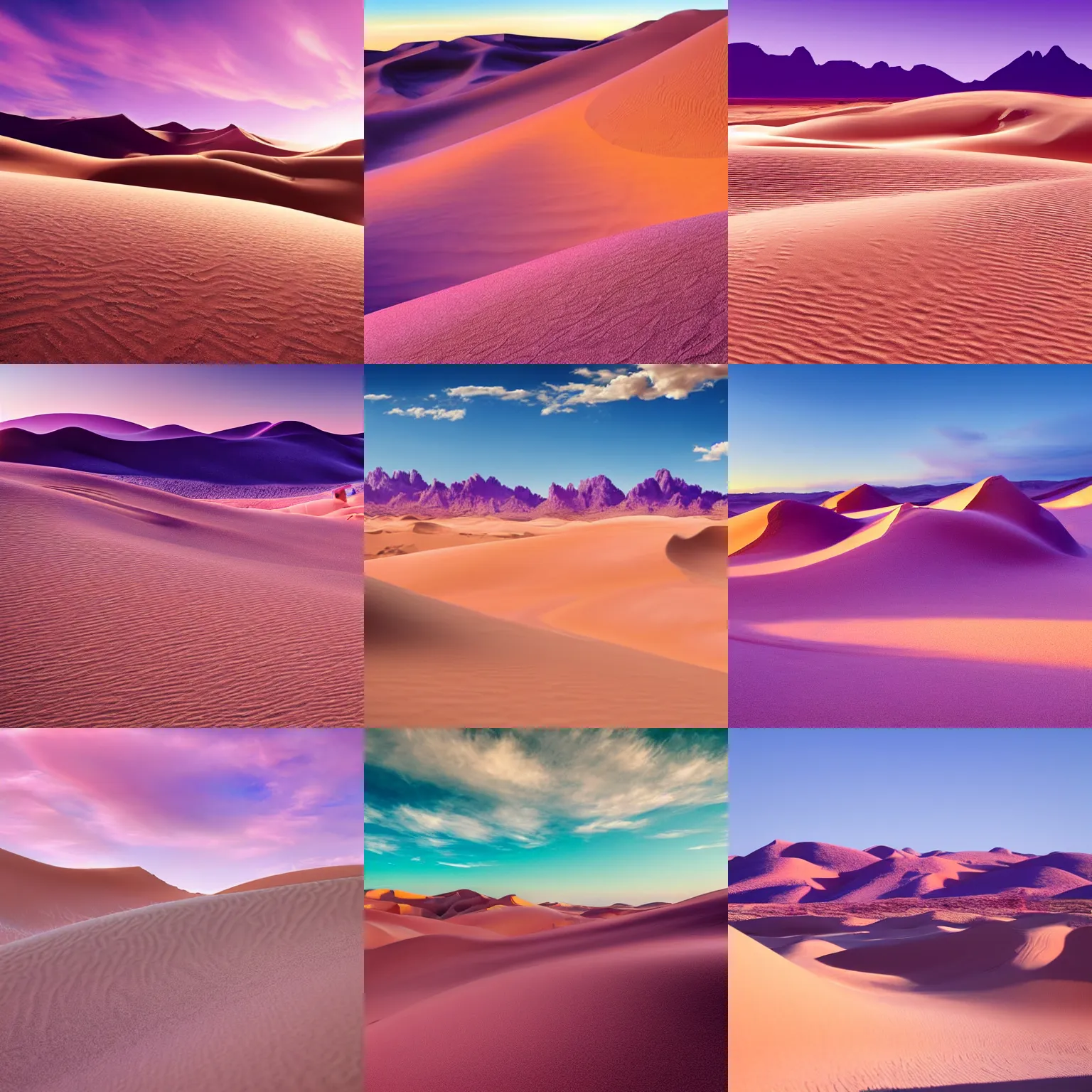 Prompt: desert dunes with crystal mountains on the background, pink and purple, artistic, fantasy, dramatic light, highly detailed, wide shot, photorealistic, golden sand