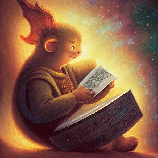 Image similar to A cosmic being reading books containing knowledge of the universe by Justin Gerard