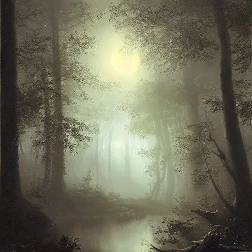 Image similar to [ a dark scene of a dense forest at night with a stream through it, moonlight through trees ], andreas achenbach, artgerm, mikko lagerstedt, zack snyder, tokujin yoshioka