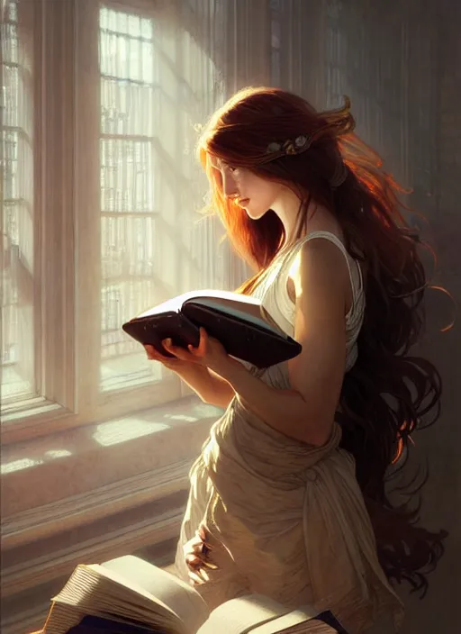 Prompt: a girl reading a book, her hair flowing down, intricate, highly detailed, dynamic lighting, digital art, digital painting, artstation, wlop, sharp focus, illustration, art by artgerm and greg rutkowski and alphonse mucha