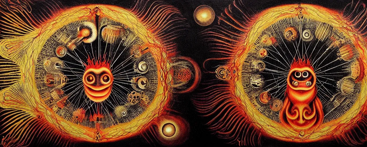 Image similar to a strange fire creature with endearing eyes radiates a unique canto'as above so below'while being ignited by the spirit of haeckel and robert fludd, breakthrough is iminent, glory be to the magic within, in honor of saturn, painted by ronny khalil