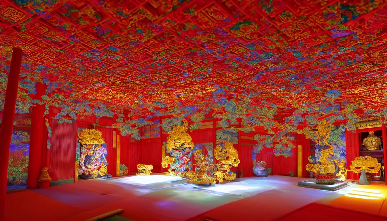 Prompt: volumetric lighting, flowing shimmering brilliant colourful fabrics, emerging sounds and an ancient male bearded face , inside a huge traditional Japanese Royal ornate temple , full colour , upscale , 4k