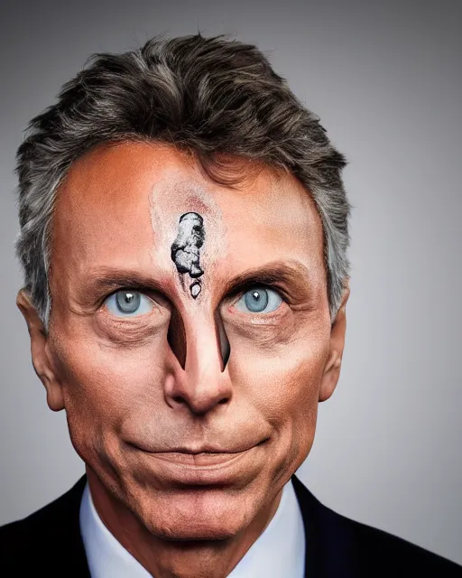 Prompt: president Mauricio Macri in Elaborate Cat Man Makeup and prosthetics designed by Rick Baker, Hyperreal, Head Shots Photographed in the Style of Annie Leibovitz, Studio Lighting