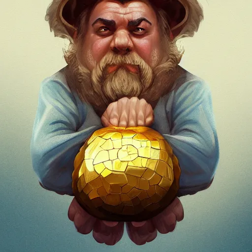 Image similar to symmetrical portrait of a happy dwarf showing off the giant gold nugget, realistic, beautiful, fantasy art, dnd, lord of the rings, style of charlie bowater, concept art, sharp focus, ray tracing