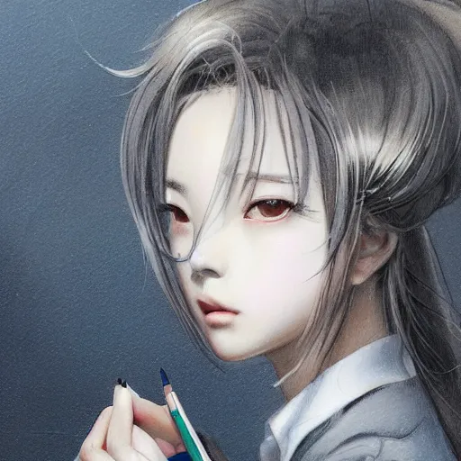 Image similar to dynamic composition, motion, ultra-detailed, incredibly detailed, a lot of details, amazing fine details and brush strokes, colorful and grayish palette, smooth, HD semirealistic anime CG concept art digital painting, watercolor oil painting of a young office lady, by a Chinese artist at ArtStation, by Huang Guangjian, Fenghua Zhong, Ruan Jia, Xin Jin and Wei Chang. Realistic artwork of a Chinese videogame, gradients, gentle an harmonic grayish colors.