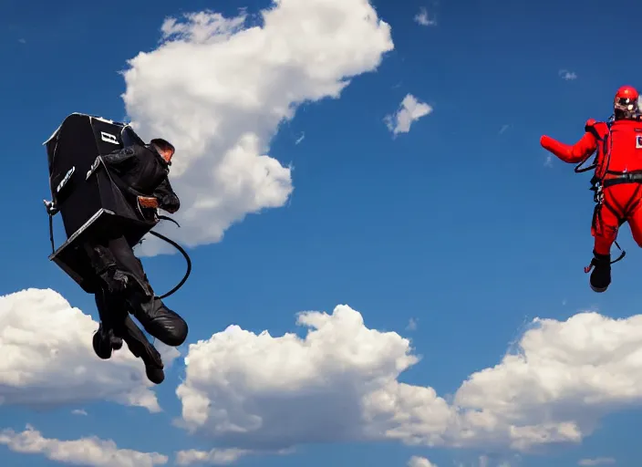 Prompt: man with a jetpack flying over red lobster restaurant with blue sky and clouds