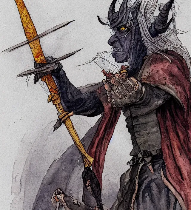 Image similar to a watercolor ink painting of a tiefling sorcerer holding an executioner's sword in the style of jean giraud in the style of moebius trending on artstation deviantart pinterest detailed realistic hd 8 k high resolution
