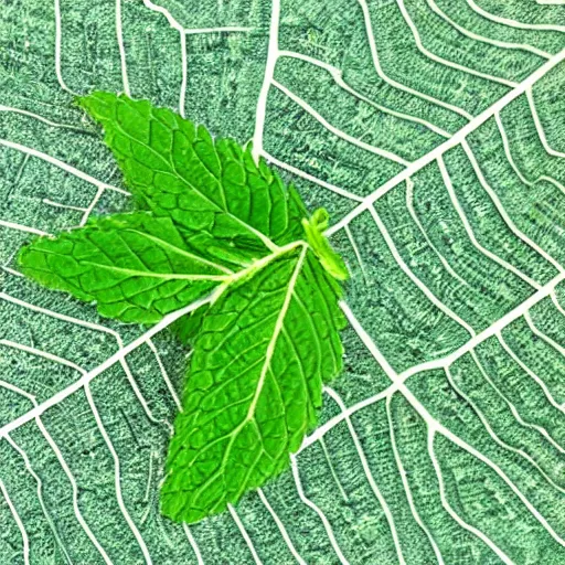 Image similar to a digital leaf of mint with circuit board paths instead of veins