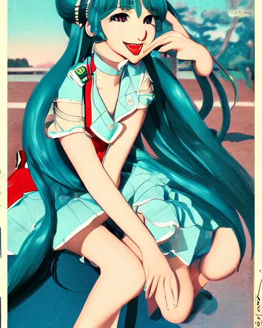 Image similar to Hatsune Miku full body pin up modeling in idol unioform, with a park in the back ground, post war style, detailed face, american postcard art style, by Gil Elvgren