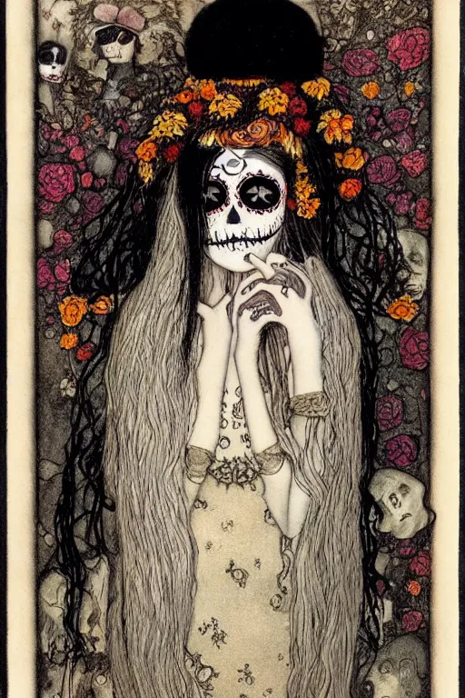 Image similar to Illustration of a day of the dead girl, art by John Bauer