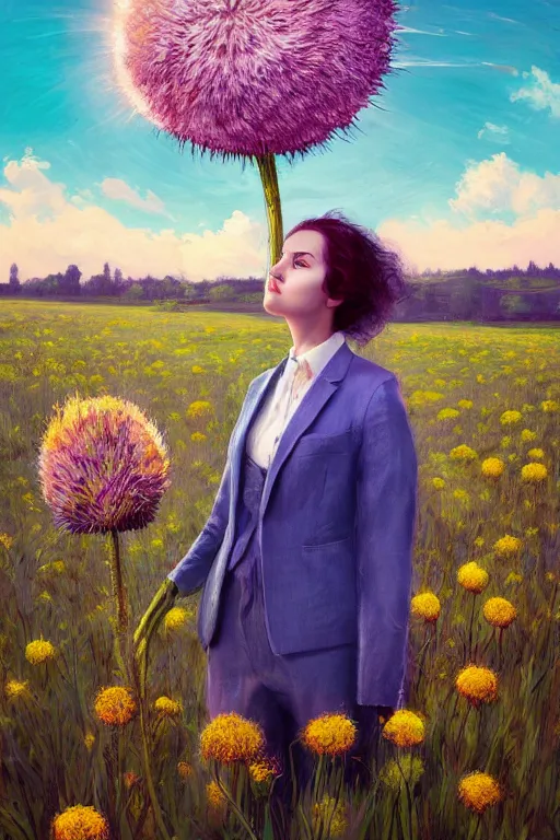 Image similar to portrait, enormous thistle flower under head, a girl in a suit in field of flowers, surreal photography, sunrise, blue sky, dramatic light, impressionist painting, digital painting, artstation, simon stalenhag