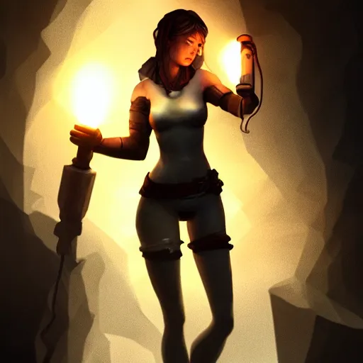 Image similar to a epic hero adventurer holding a torch in a dark cave, artgerm, realistic, cryengine, symmetric