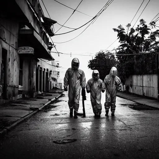 Image similar to a family wearing a hazmat suits on a post-war era street, walking away from the camera, dark smoke in the background, filthy streets, broken cars. Vines growing. Jpeg artifacts. Award-winning photo. Samyang/Rokinon Xeen 50mm T1.5