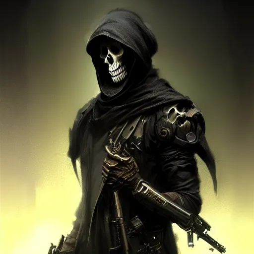 Image similar to skull face reaper, character portrait, sharp, digital matte painting, art by luis royo, greg rutkowski, wlop, dramatic lighting, trending on artstation