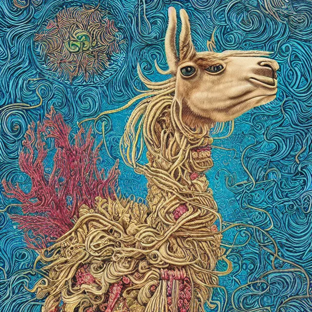 Image similar to llama with dreadlocks, otomo katsuhiro, ernst haeckel, james jean