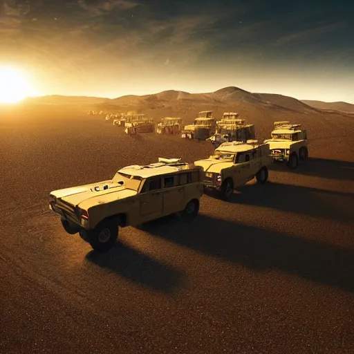 Image similar to military convoy driving through Namibia in the golden hour, long shadows, digital painting by Mike Winkelmann