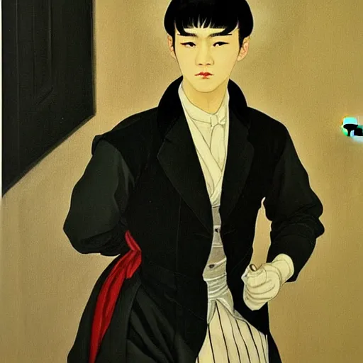 Image similar to painting of grumpy handsome beautiful man in his 2 0 s named min - jun in a french female maid outfit, modern clothing, elegant, clear, painting, stylized, delicate facial features, soft but grumpy, art, art by egon yamamoto