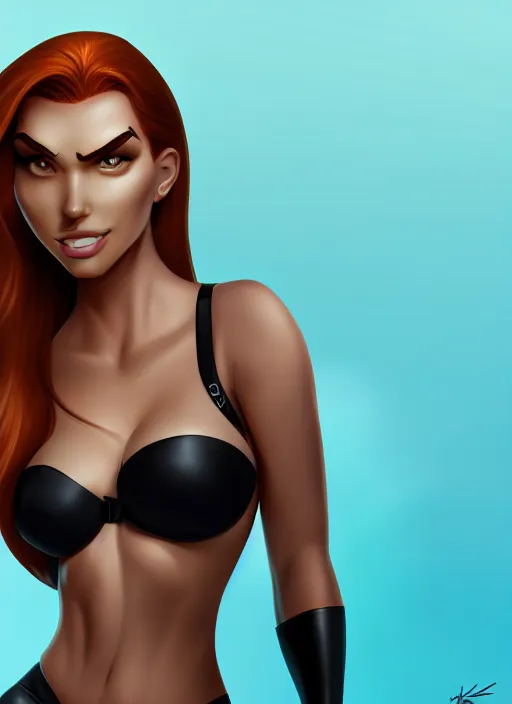 Image similar to kim possible in a black bikini, intricate, elegant, highly detailed, digital painting, artstation, concept art, smooth, sharp focus, illustration, 8 k