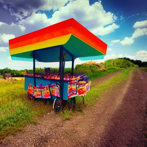 Image similar to colorful ( pop rock candy ), fruit stand on the side of a serene country dirt road, dramatic color, hdr, partly cloudy, 8 k, 4 k, trending on artstation cgsociety, octane ue 5